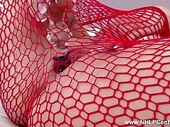 Busty blonde Kelly Fox masturbates big dildo in sexy red fishnets and heels