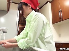 Pretty wife let hubby fuck her girl from Housekeeper Center Aimi Tokita does the cleaning without panties