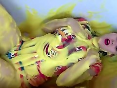 White knee socks and yellow slime panty filling