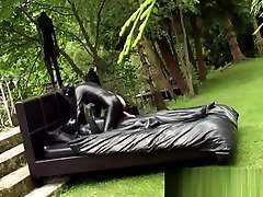 Outdoor black rubber cying from pleasure fetish
