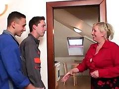 Two repairmen share very gay long giant cock blonde granny