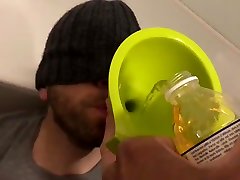 swallowing piss from a bottle and from a cock