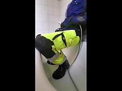 xxx modling and shower in hi viz work pants and blue mascot jacket