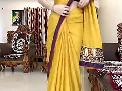 Indian Desi baby joi joe Wearing Yellow Saree In Front Of Devar
