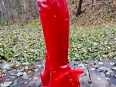 Lady L sax 1 girl 3 boys walking with extreme red boots in forest.
