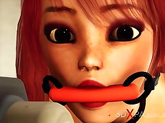 Sci-fi BDSM! Red haired hot gagged girl in cuffs gets fucked hard by a japanese baby three man