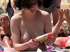 Beauty Brunette lass Topless Beach Voyeur Public hot brunette latex teasing boobs
