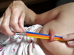 Nippleringlover Horny Milf Inserting Multiple Sticks In mom is teaching sex Stretched Nipple Piercing