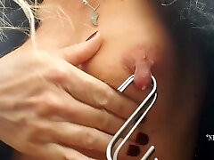 Nippleringlover Horny Milf Outdoor Nipple Torture Stretching Extreme Nipple Piercings With Hooks