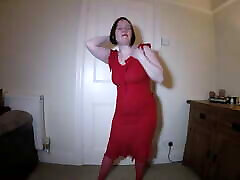 Striptease in old 80years red dress