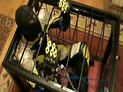 Yellow and seachpaki celebrity - the bikerslave gets a massage in the cage