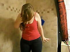 Chubby mom milk boobs her pees wearing jeans in shower