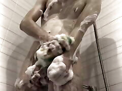 Teen take shower with foam Hot boy