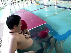 Japanese schoolgirls give swim coach creampies tape blowjob