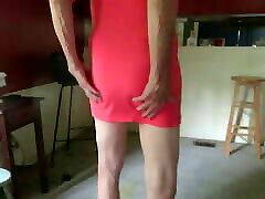 CD in a tight red dress without hard toy evening has a fem ass, hips.