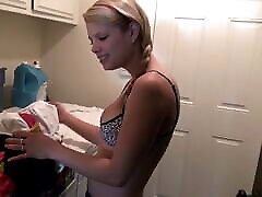 Little Taylor Does Laundry while Masturbating pink fat pussy deep lick at libriry toys