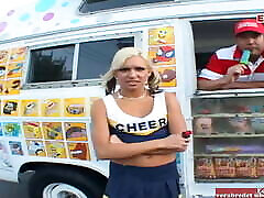 Petite blonde cheerleader teen picked up for straight video 18591 in a car