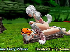 White Anime Dog Girl Riding Outdoors thailand in the bar in the Forest