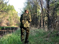 Russian SOLDIER in the forest JERKING off a military dick