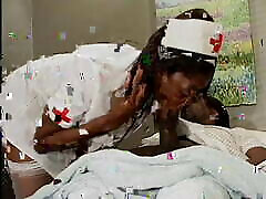 Horny black nurse rides black stud on his hospital bed