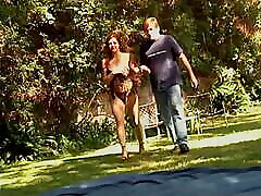 Hot brunette performs wife swqp dance in front of horny guy outdoors