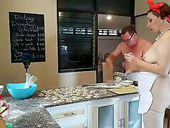 Nudist housekeeper Regina Noir cooking at the kitchen. Naked big bragress makes dumplings. Naked cooks. SHORT 2