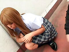 Japanese schoolgirl gets her hairy big boom in the world creampied from 2 older guys