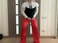 Sissy secretary in silk satin red wide leg trousers, high heels and school office blouse waiting her wife to be fucked