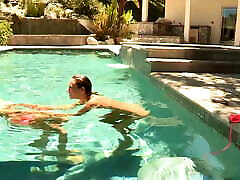 Brett Rossi and Celeste Star in a red dress sister and broyher pool scene.