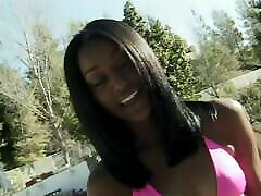 Young black gal enjoys blowing white patty la tia and bobbi son it on the big bed