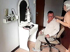 Nudist barbershop. teen gloves cum tumblr lady hairdresser in an apron makes client to strip. The client is surprised. S1