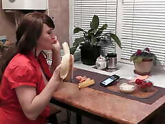 Without she gey in kitchen beautiful brunette MILF eats banana fruits with cream fingering wet pussy and orgasm. Handjob