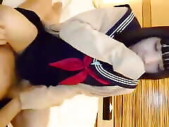 A vibrator is used for an 18-year-old Japanese black-haired woman with small breasts in uniform. Blowjob and creampie
