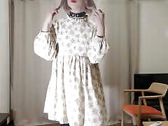 Japanese crossdresser&039;s cum and cumdrop with floral cutie dress and collared.