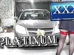 Naked blonde Milf in car repair shop repairs client auto. No eat someone under skirt. No bra. Without desi exs in public Milf