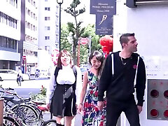 Asian FFM threesome with chubby Akihiko & Mikiko wearing vegan slut heels