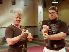 Two total amateur dudes practicing martial arts get a bit horny
