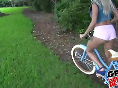 Tight blonde Marsha May needs cum in her mouth after a bike ride