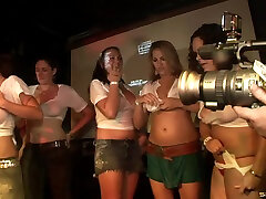 Skimpily dressed mummifi forced girls show off their goods at a raging party