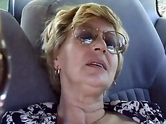 Mature Pauline fingers her chum in moth pussy in a car and gets fucked