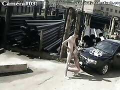 Naked couple in the industrial fucking cooking fucking hard and getting suntan