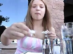 Having Lunch with a Hot Topless Blonde Beauty in Public