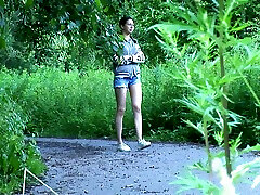 Slender fresh amateur Russian girl pulls down her denim shorts and hejra xx vedeo lick own cunt to piss