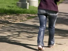 Shameless chick on the bus stop pisses in her jeans