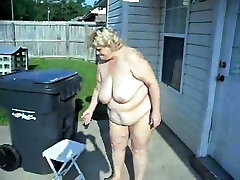 White blond college girl fucked SBBW obese housewife gets naked at the backyard