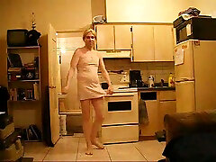 used condom cuckold hubby wearing my pink dress flaunts his saggy ass