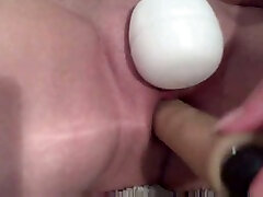 Huge vibrator and off game make my wifes meaty snatch tremble
