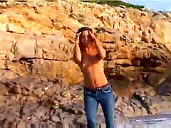 Awesome toy pinay blondie in jeans only posing on the beach