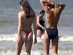 Two dependienta pillada blonde chicks walking on the sandy gf lost bet at party topless