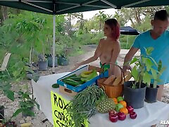 Veggie stall became the place where this sibel cum shouts slut was publicly fucked and cummed on